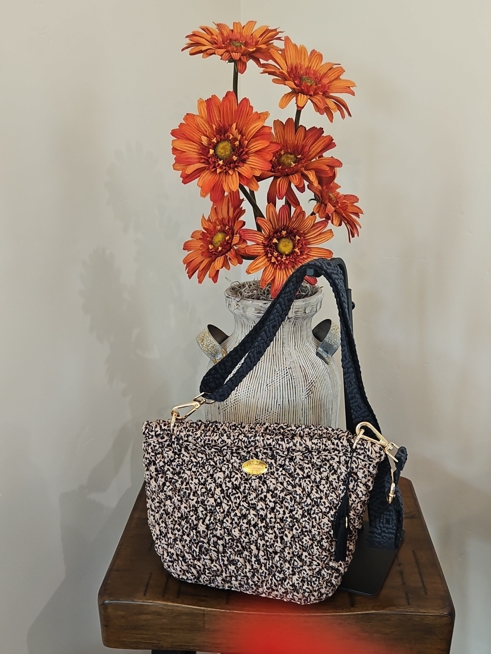 Hand Crocheted Shoulder Bag - Black & Cream
